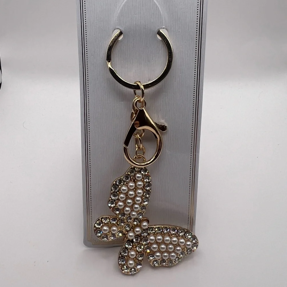 Brand New Gold Butterfly Keychain Faux Pearls and lots of Sparkle